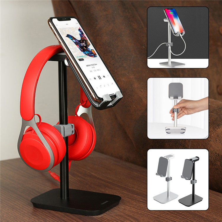 Support de casque en aluminium, support de téléphone portable pour bureau